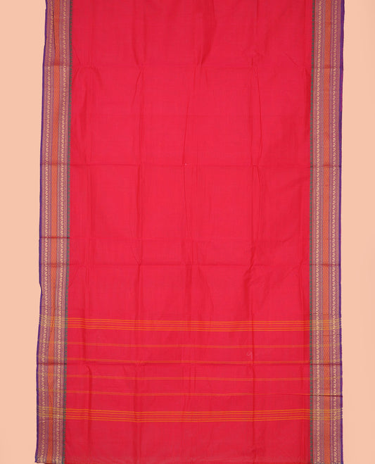 Red plain nine-yard cotton saree, contrast traditional motifs woven border, and striped pallu