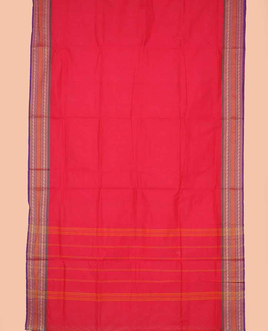 Red plain nine-yard cotton saree, contrast traditional motifs woven border, and striped pallu