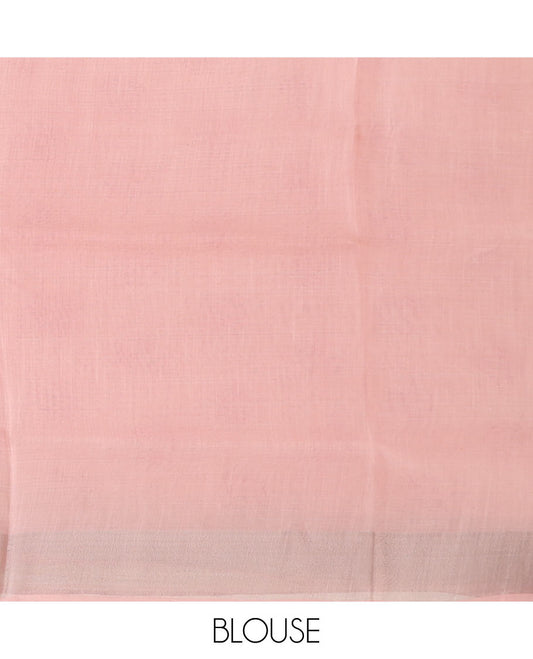 Pale pink leaf motifs printed cotton saree, zari border and pallu of stripes and leaf motifs