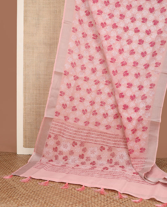 Pale pink leaf motifs printed cotton saree, zari border and pallu of stripes and leaf motifs