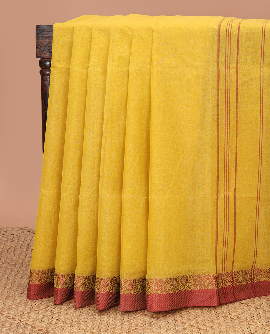Yellow plain Bengal cotton saree, contrast floral creeper border, and striped pallu