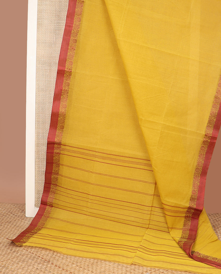Yellow plain Bengal cotton saree, contrast floral creeper border, and striped pallu
