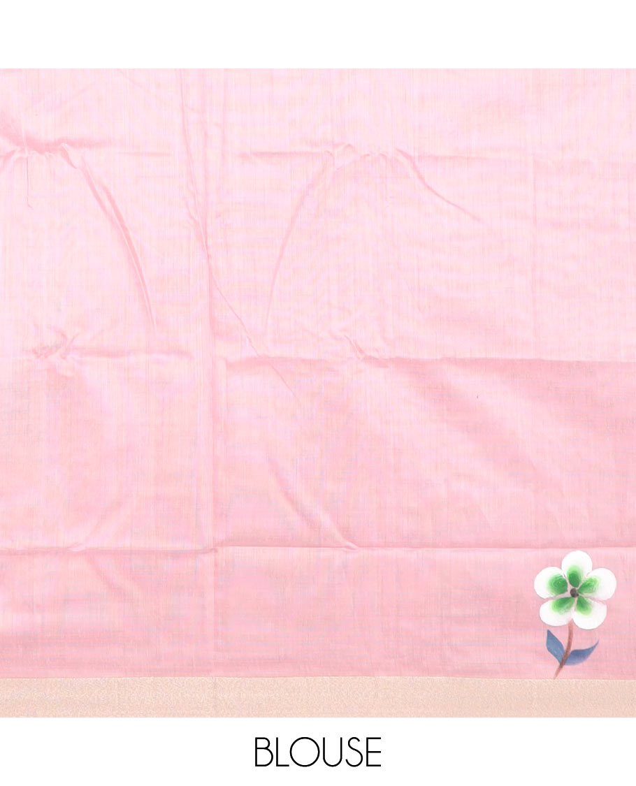 Green colorful floral motifs printed jute cotton saree, bavanji border, and contrast floral vine printed pallu