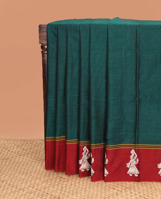 Green plain Narayanapet cotton saree, contrast girl motifs border, and striped pallu