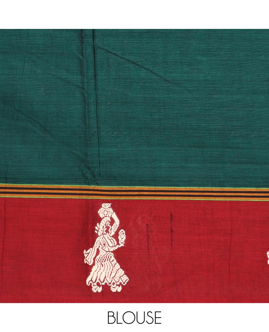 Green plain Narayanapet cotton saree, contrast girl motifs border, and striped pallu