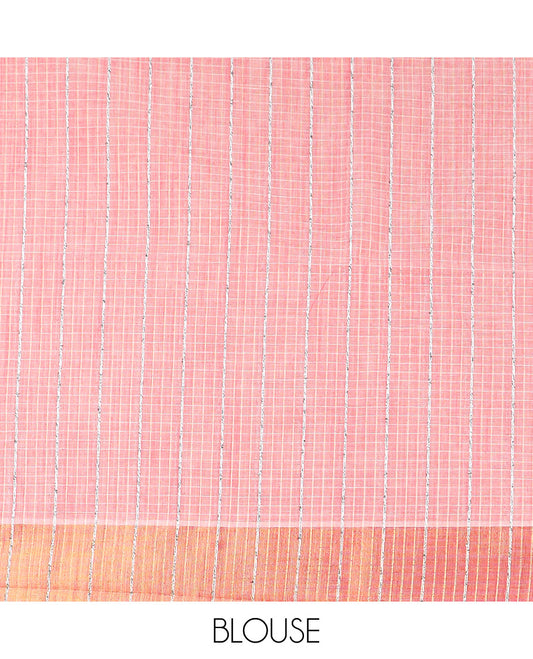 Pink sparesly striped jute cotton saree, bavanji border, and striped pallu