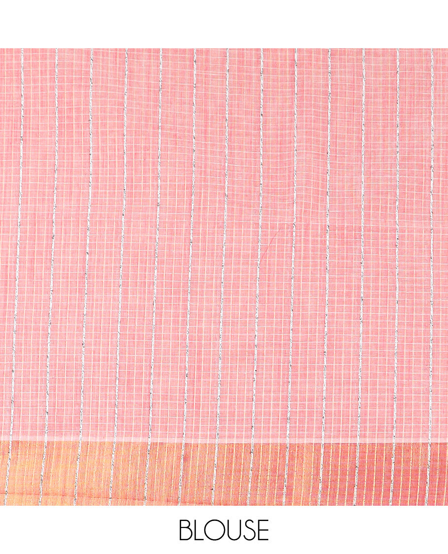 Pink sparesly striped jute cotton saree, bavanji border, and striped pallu