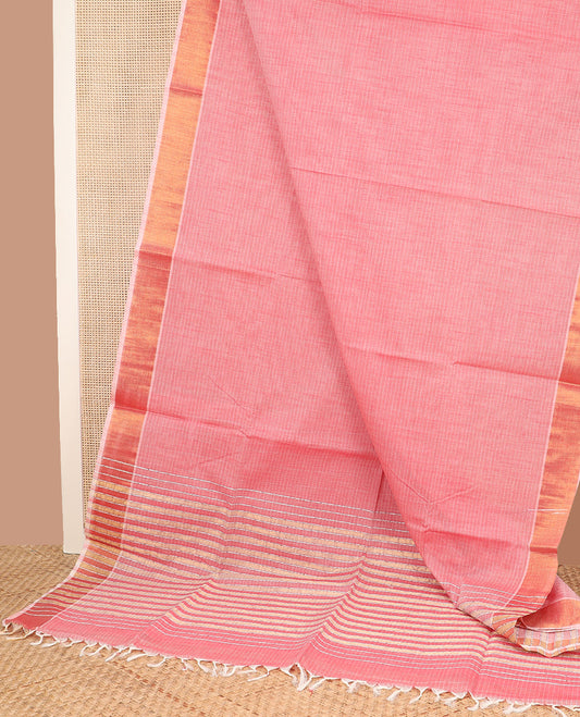 Pink sparesly striped jute cotton saree, bavanji border, and striped pallu
