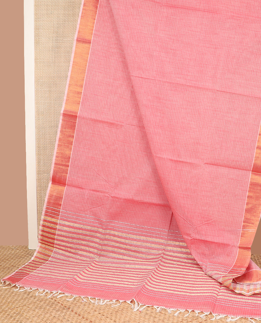 Pink sparesly striped jute cotton saree, bavanji border, and striped pallu