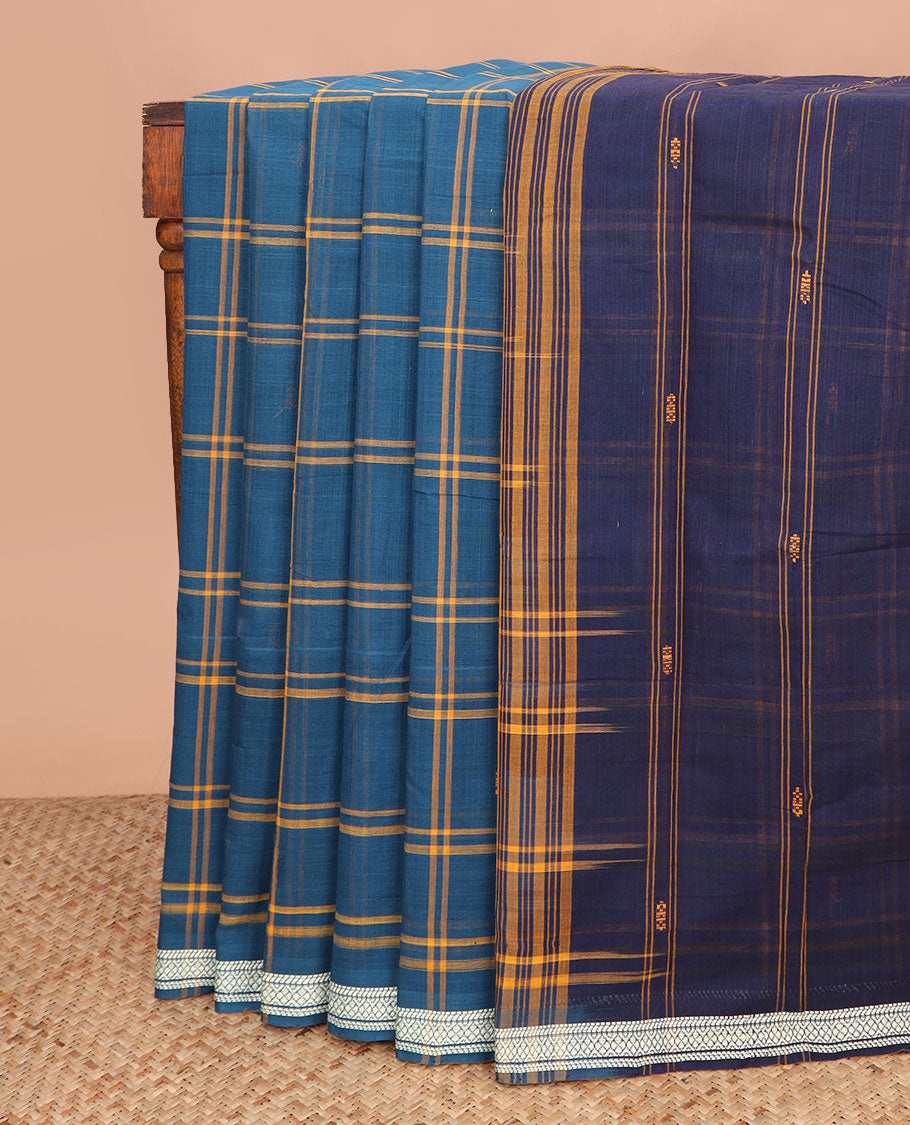Blue buttas and checked Andhra cotton saree, traditional border, and contrast pallu of stripes and buttas