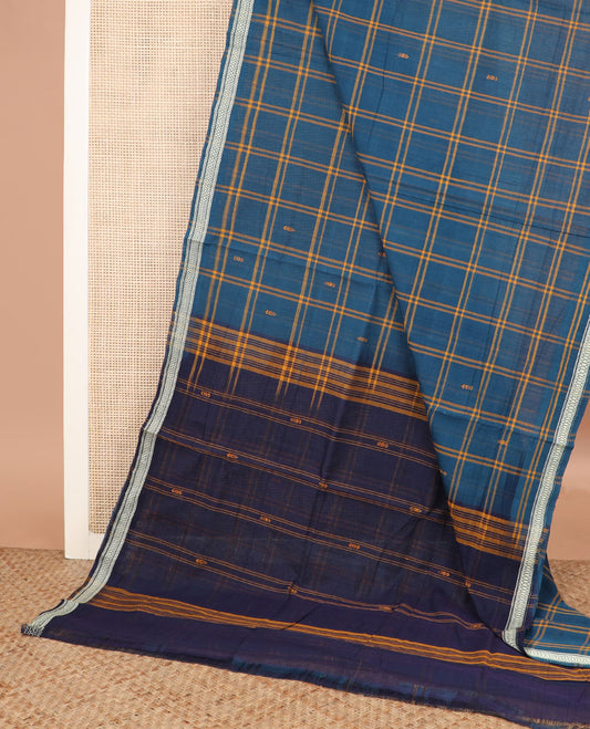 Blue buttas and checked Andhra cotton saree, traditional border, and contrast pallu of stripes and buttas