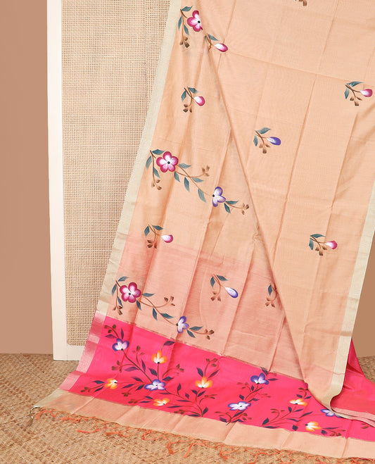 Sandal hand brush painting style floral printed chirala cotton saree, plain border, and contrast floral printed pallu