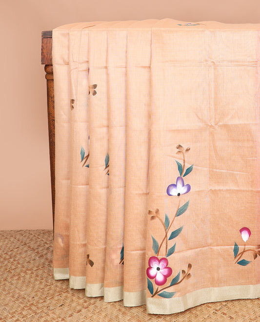 Sandal hand brush painting style floral printed chirala cotton saree, plain border, and contrast floral printed pallu