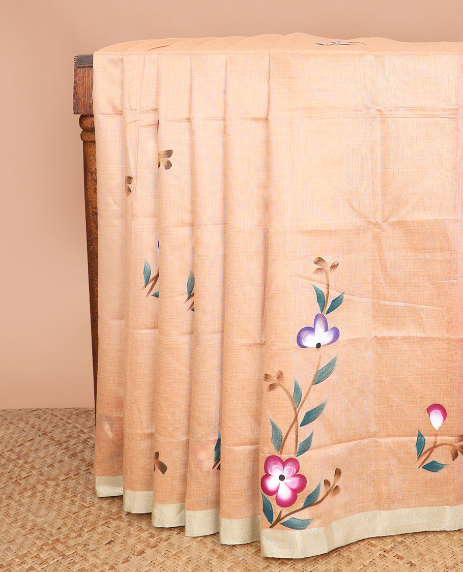 Sandal hand brush painting style floral printed chirala cotton saree, plain border, and contrast floral printed pallu