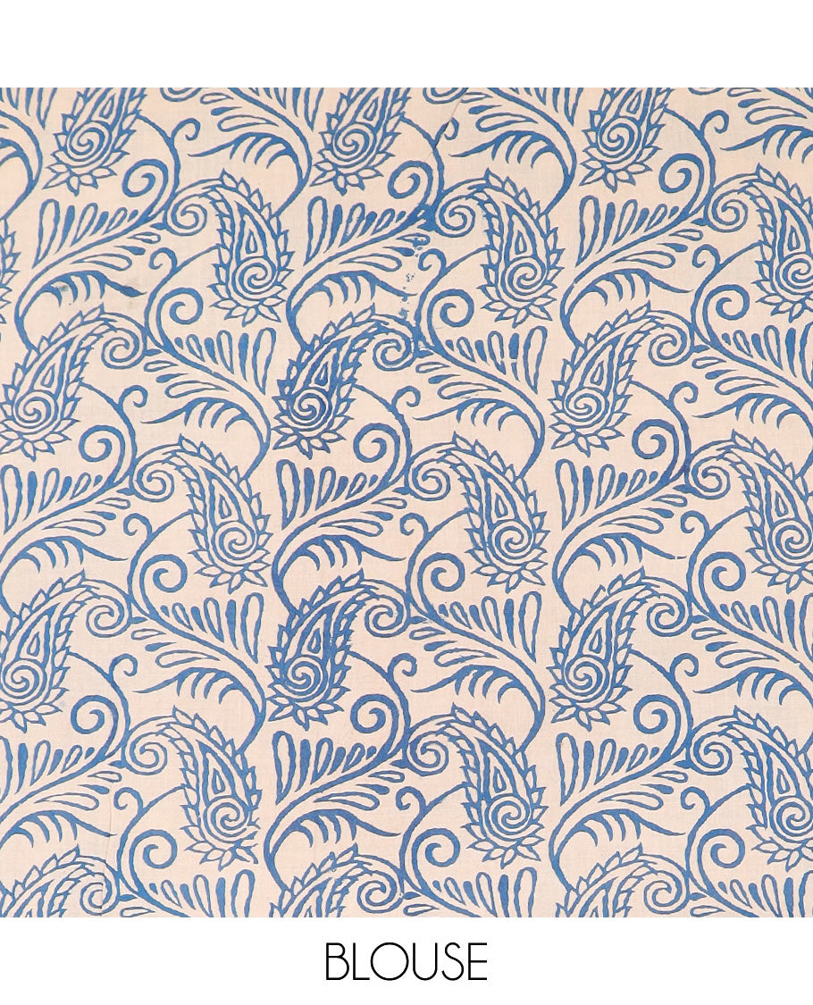 Blue ikkat design machine-printed kalamkari cotton saree, floral creeper borde, and pallu of peacock print