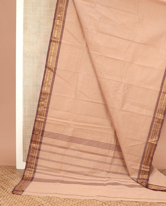 Sandal plain Chettinad cotton saree, contrast traditional zari design border, and striped pallu