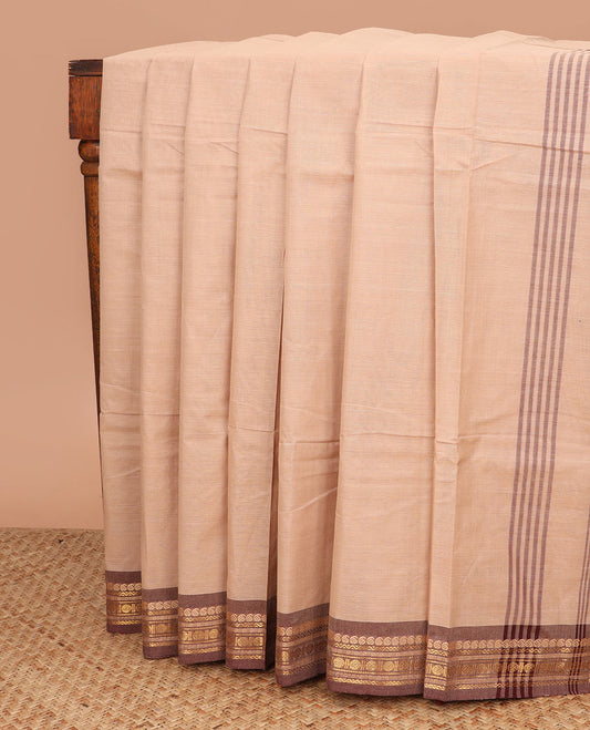 Sandal plain Chettinad cotton saree, contrast traditional zari design border, and striped pallu