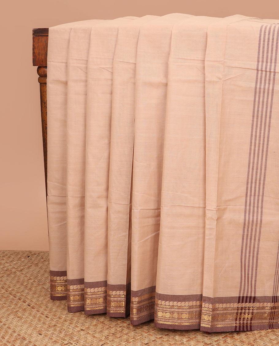 Sandal plain Chettinad cotton saree, contrast traditional zari design border, and striped pallu