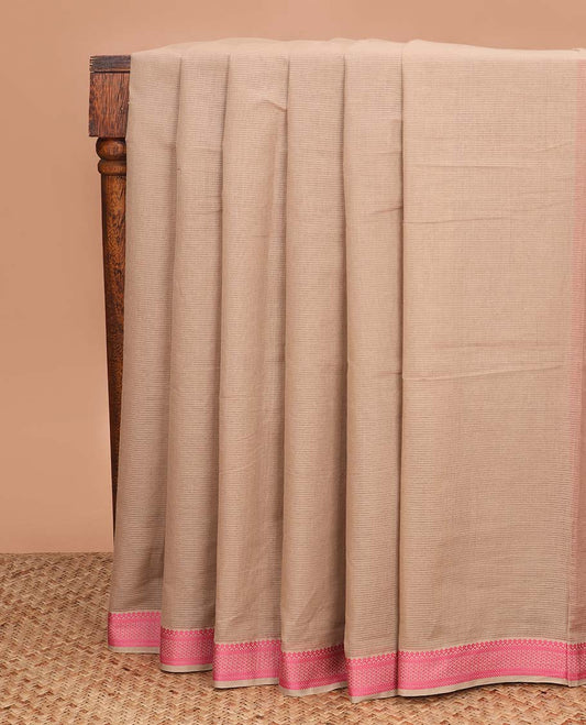 Fawn plain Mangalagiri cotton saree, traditional thread border and striped pallu