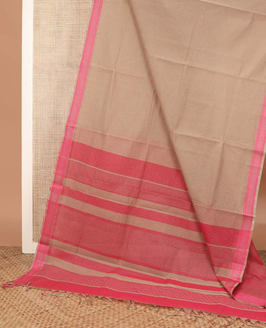 Fawn plain Mangalagiri cotton saree, traditional thread border and striped pallu