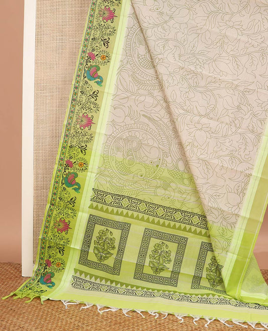 Light sandal kalamkari printed chirala cotton saree, contrast kalamkari floral and peacock print border, and printed pallu