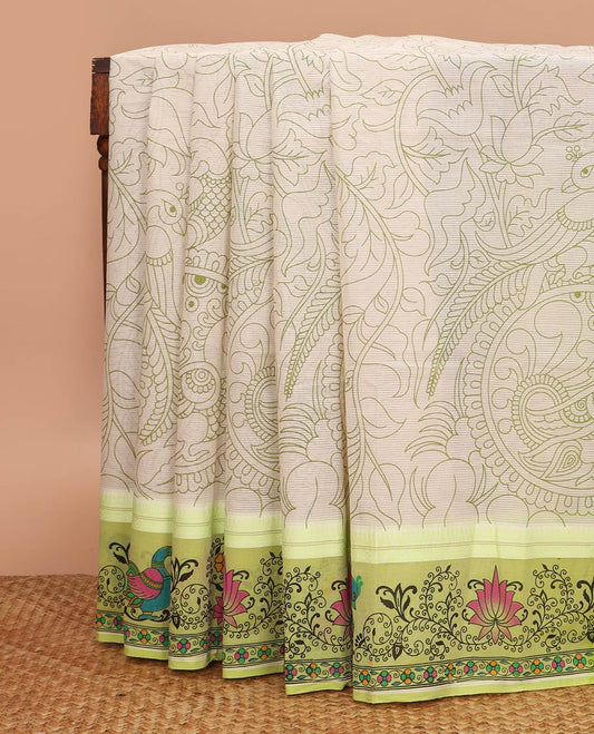 Light sandal kalamkari printed chirala cotton saree, contrast kalamkari floral and peacock print border, and printed pallu