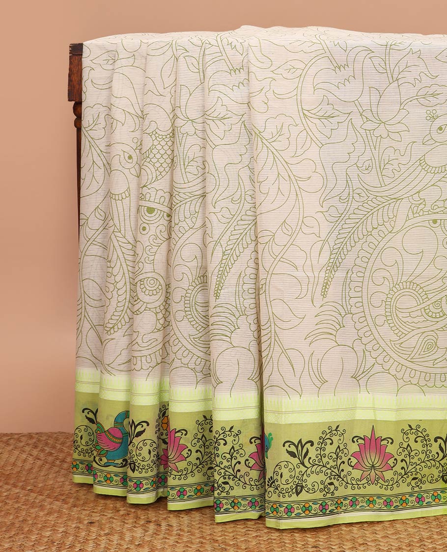 Light sandal kalamkari printed chirala cotton saree, contrast kalamkari floral and peacock print border, and printed pallu