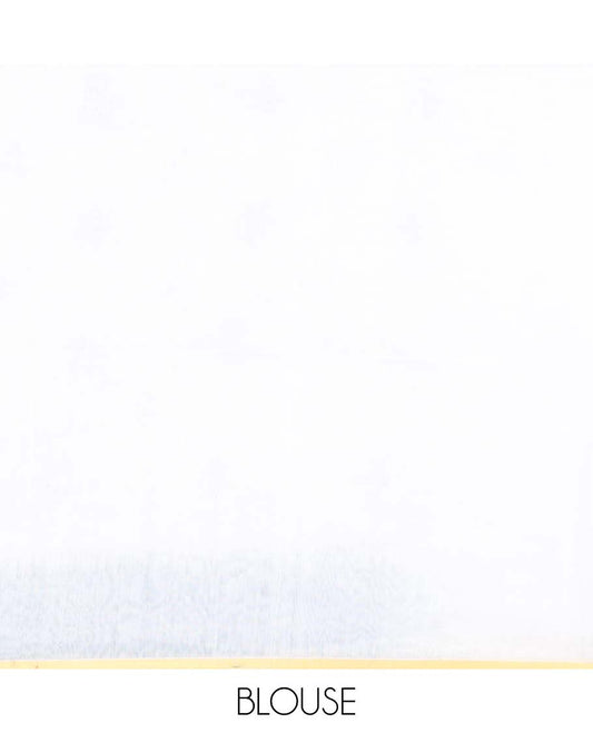 White and royal blue motifs printed linen cotton saree, contrast temple geometric patterns printed border, and pallu of human doll and geometric print