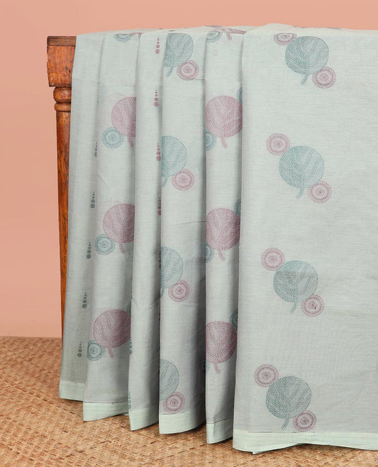 Borderless Pale Green Coimbatore Cotton Saree, Woven with Geometric Buttas All Over Its Body, Complemented by Contrast Pallu of Floral Designs, and Paired with a Matching Blouse