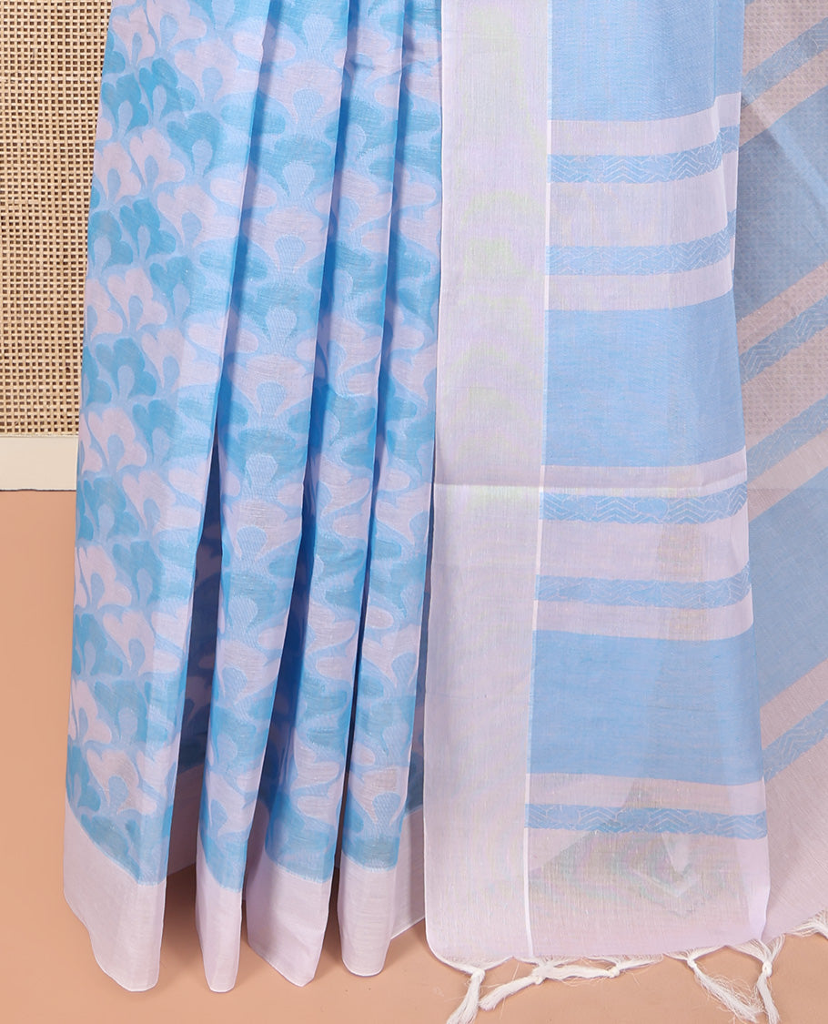 Pale Blue Coimbatore Cotton Saree, Crafted with Scallop Design on Its Body, a Contrast Plain Border, Pallu of Geometric Design, and Paired with Contrast Blouse