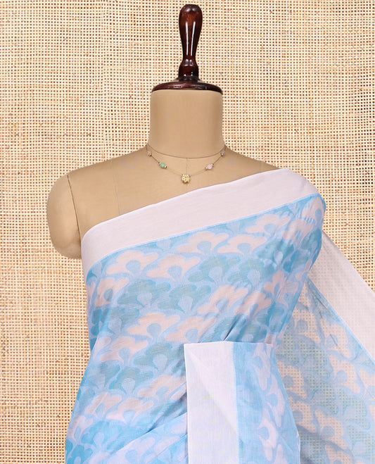Pale Blue Coimbatore Cotton Saree, Crafted with Scallop Design on Its Body, a Contrast Plain Border, Pallu of Geometric Design, and Paired with Contrast Blouse
