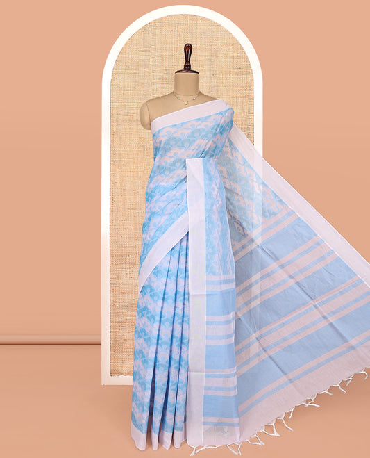 Pale Blue Coimbatore Cotton Saree, Crafted with Scallop Design on Its Body, a Contrast Plain Border, Pallu of Geometric Design, and Paired with Contrast Blouse