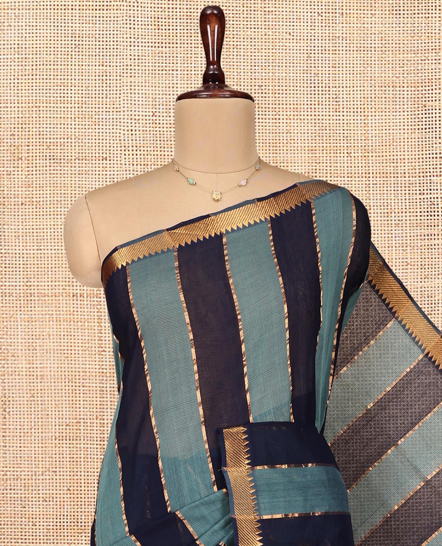 Navy Blue-Blue Mangalgiri Cotton Saree, Gleamed Up with Stripes on Its Body, Highlighted by Zari Temple Border, Zari-Striped Pallu, and Paired with a Matching Blouse