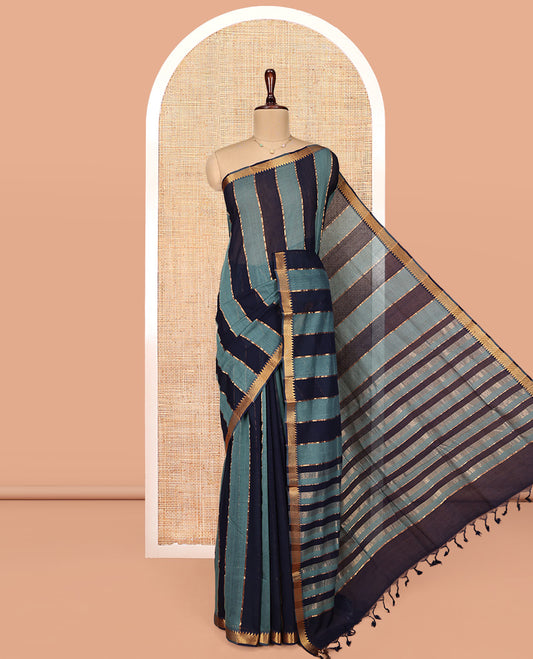 Navy Blue-Blue Mangalgiri Cotton Saree, Gleamed Up with Stripes on Its Body, Highlighted by Zari Temple Border, Zari-Striped Pallu, and Paired with a Matching Blouse