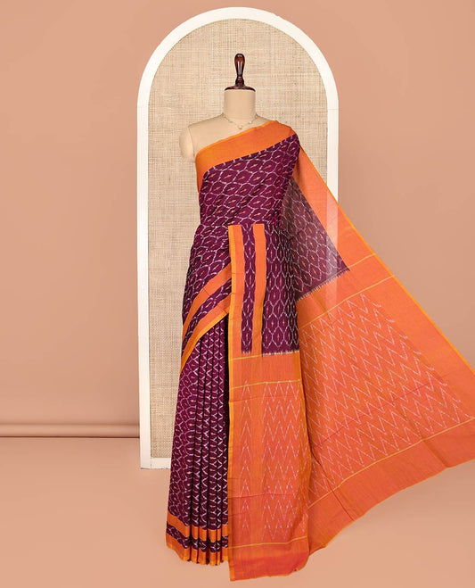 Maroon Ikkat Cotton Saree, Decked Up with Ikkat-Style Ogee Patterns on Its Body, Complemented by Contrast Border, Pallu of Chevron Designs, and Has No Blouse