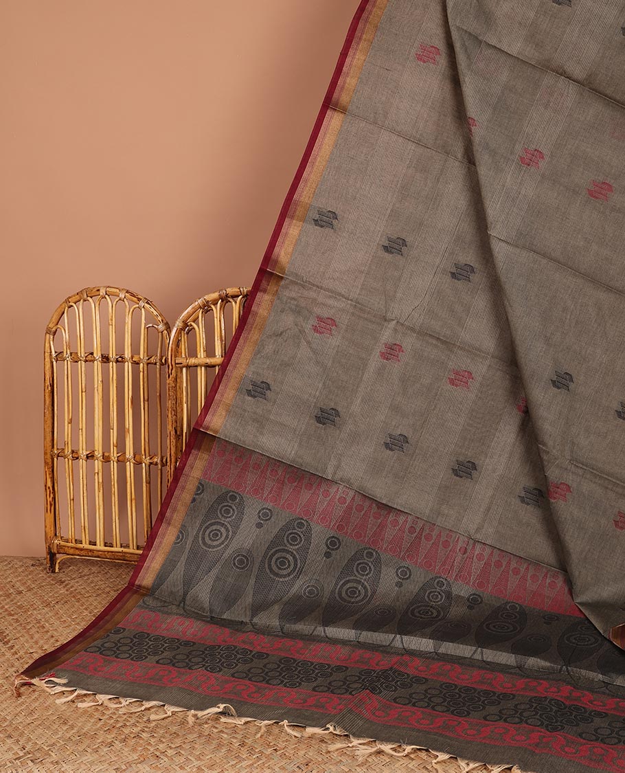 Brown striped Coimbatore cotton saree, with buttas,  contrast border & pallu of intricate designs