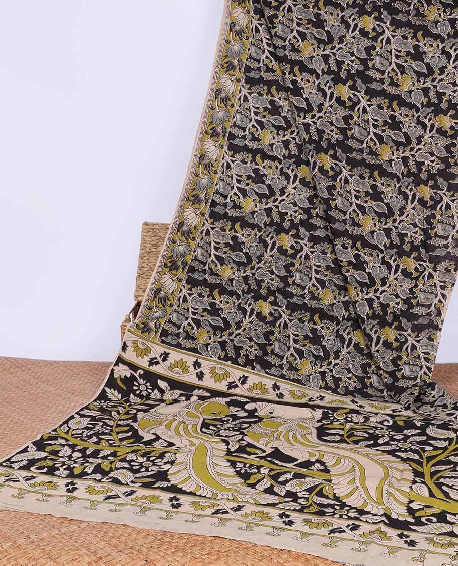 Black floral vine machine printed kalamkari cotton saree with contrast intricate design border & animal design pallu