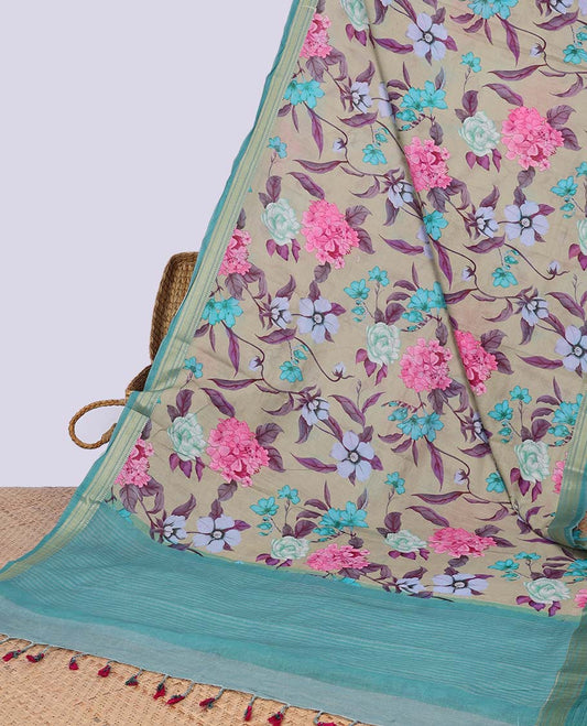 Sandal floral vine design chirala cotton saree with contrast zari border & striped border