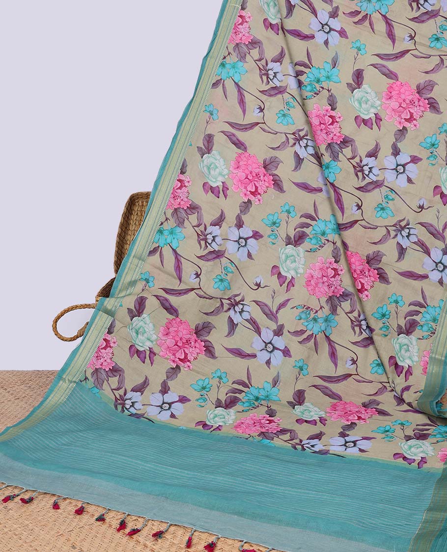 Sandal floral vine design chirala cotton saree with contrast zari border & striped border