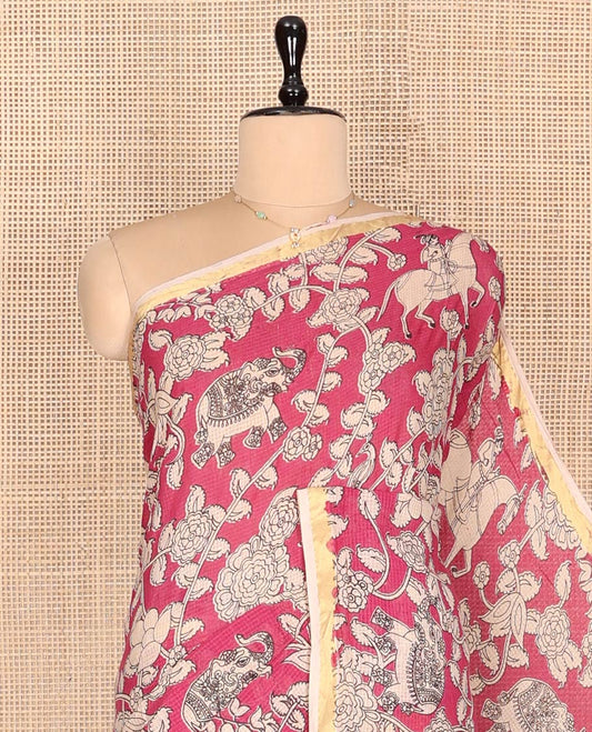 Pink Machine-Printed Kalamkari Cotton Saree Features Flora-Fauna Motifs, a Piping Border, Pallu of Peacock, and a Matching Blouse