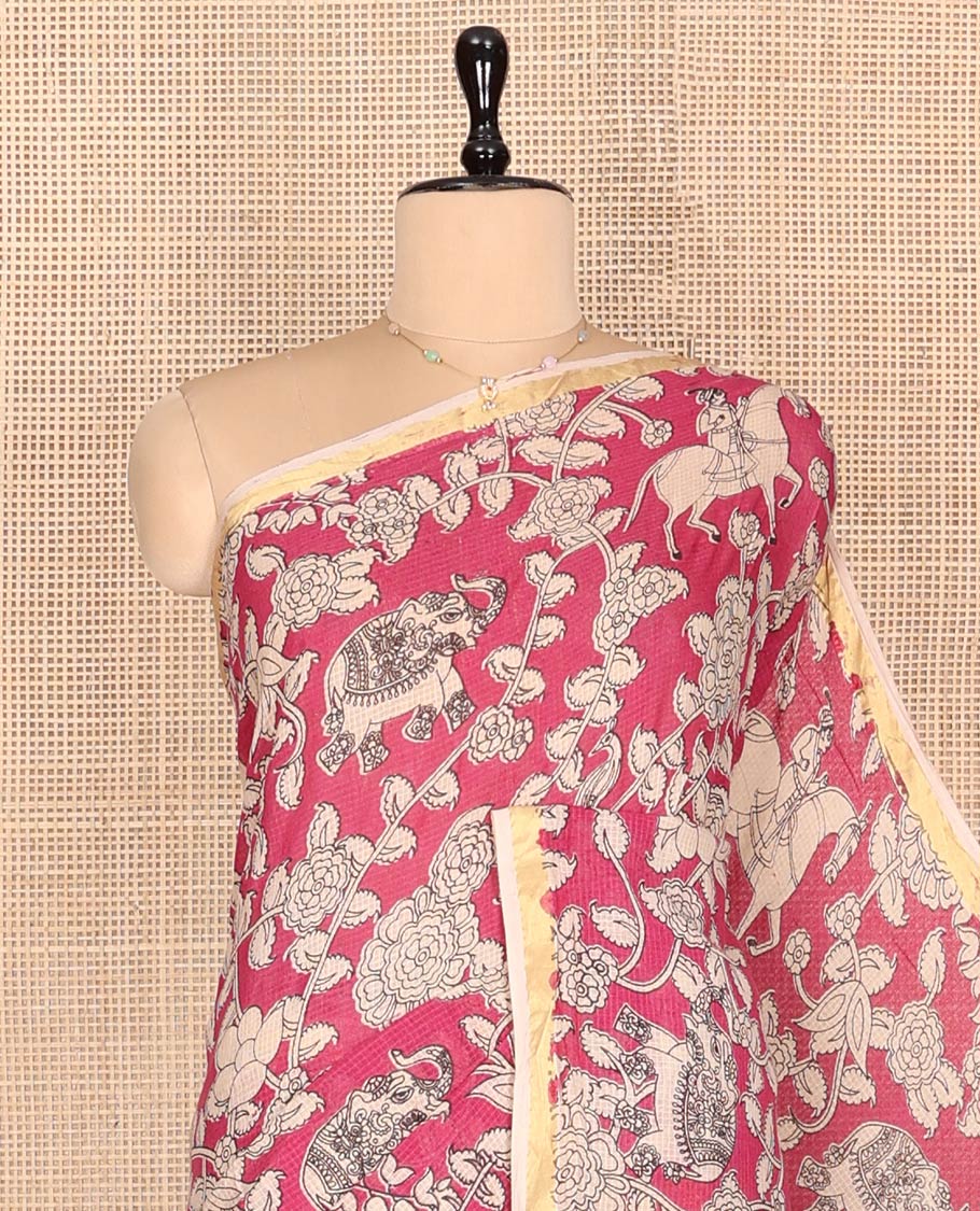 Pink Machine-Printed Kalamkari Cotton Saree Features Flora-Fauna Motifs, a Piping Border, Pallu of Peacock, and a Matching Blouse