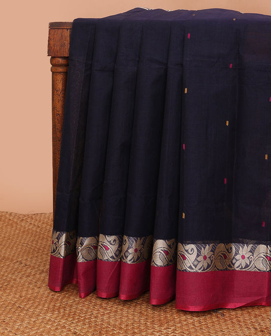 Navy blue meena buttas Bengal cotton saree, contrast paisley creeper meenakari design border & pallu of buttas & stripes
