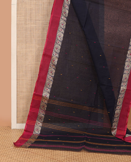 Navy blue meena buttas Bengal cotton saree, contrast paisley creeper meenakari design border & pallu of buttas & stripes