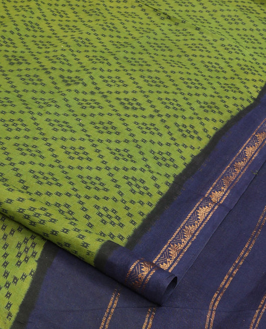 Green jaal design nine-yard cotton saree, contrast zari border, and pallu of zari stripes