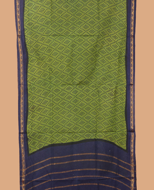 Green jaal design nine-yard cotton saree, contrast zari border, and pallu of zari stripes