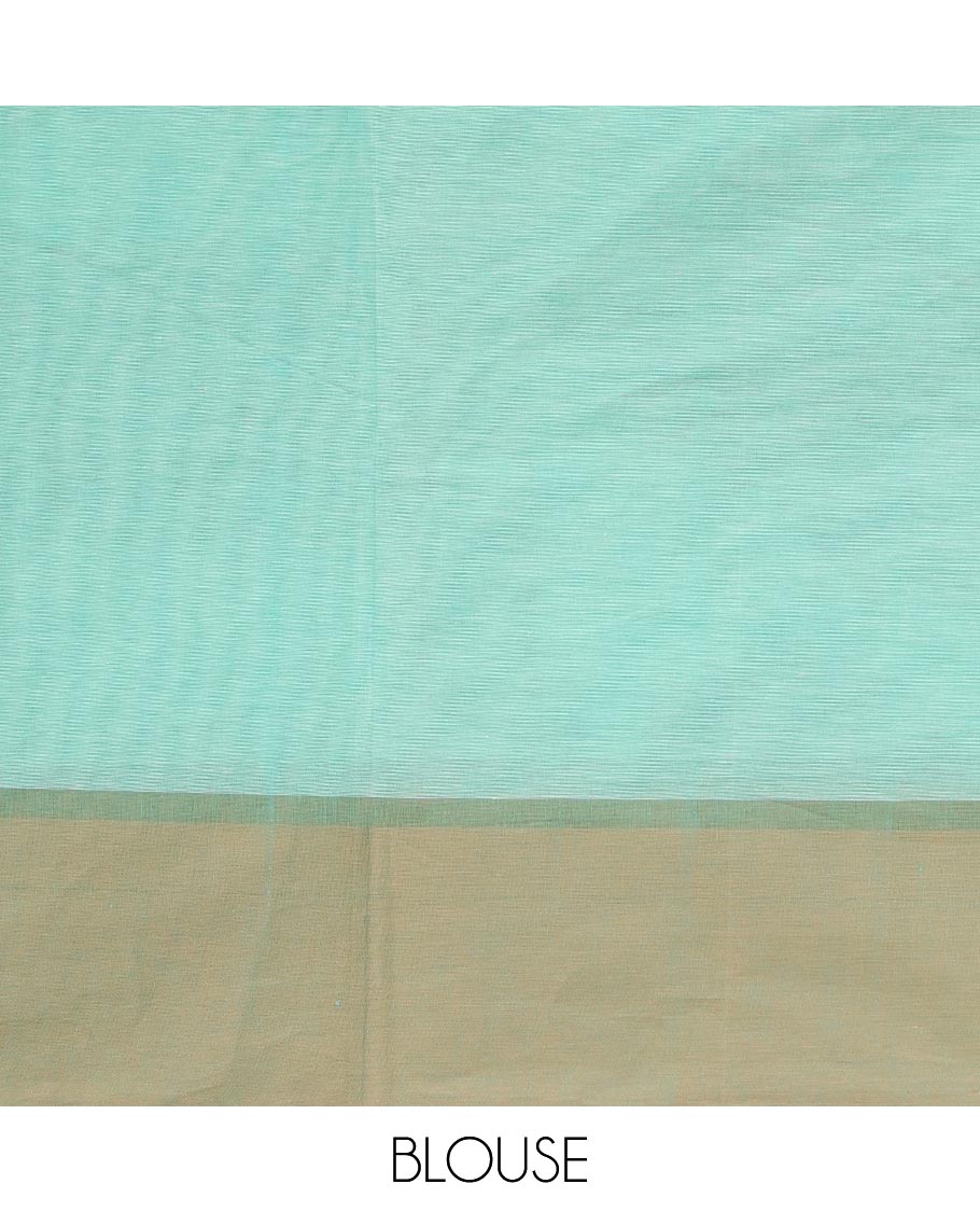 Blue dotted stripes, and square buttas Kanchi cotton saree, contrast border, and pallu of tree, and square motifs