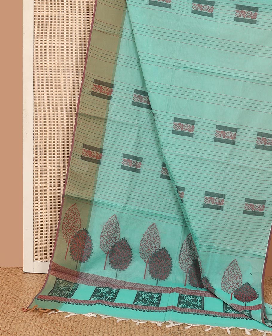 Blue dotted stripes, and square buttas Kanchi cotton saree, contrast border, and pallu of tree, and square motifs