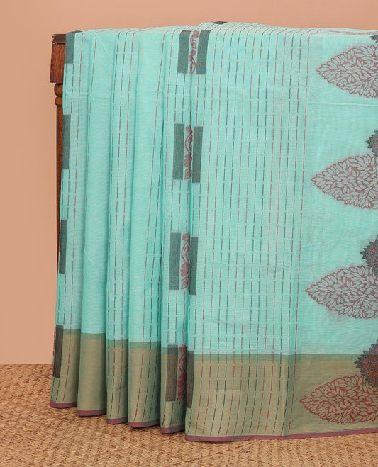 Blue dotted stripes, and square buttas Kanchi cotton saree, contrast border, and pallu of tree, and square motifs