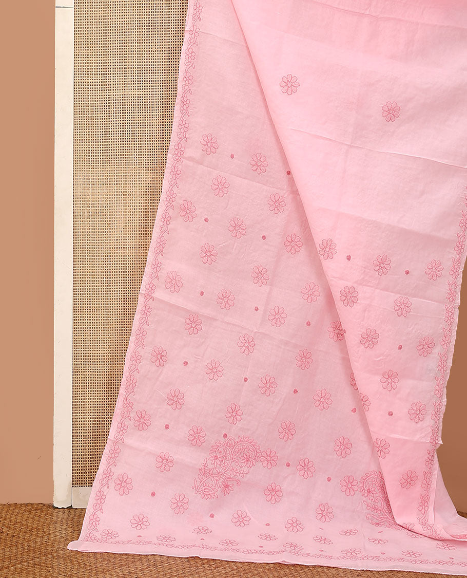 Pink floral thread embroidered buttas Lucknowi chikankari saree, floral creeper thread embroidered border, and floral embroidered pallu
