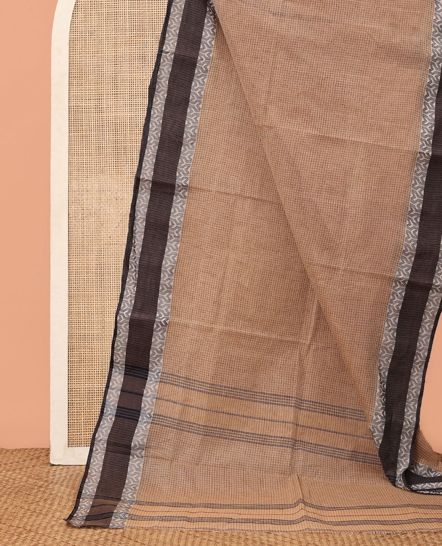 Sandal Checked Bengal Cotton Saree, a Contrast Border, Self-Pallu, and No Blouse